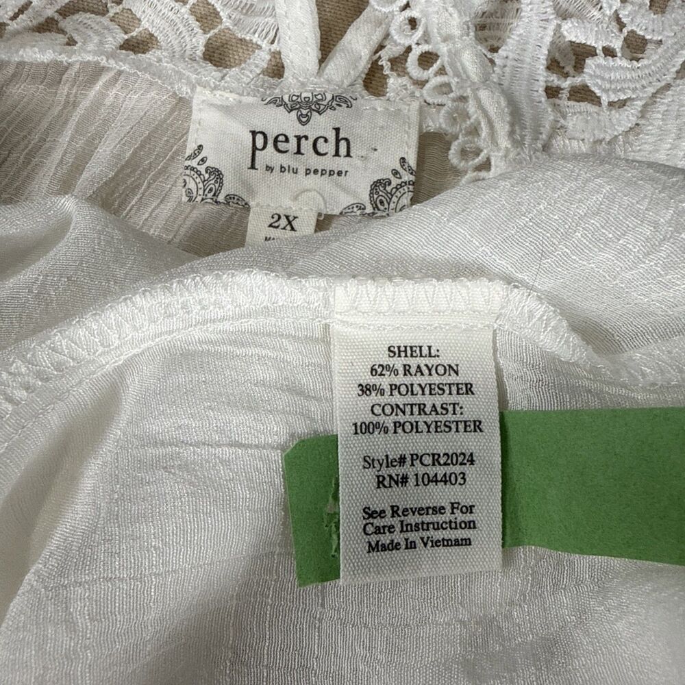Perch White Lace Crochet Yoke Blouse 2X Flutter Sleeve Rayon Blend Boho Romantic - Picture 9 of 10